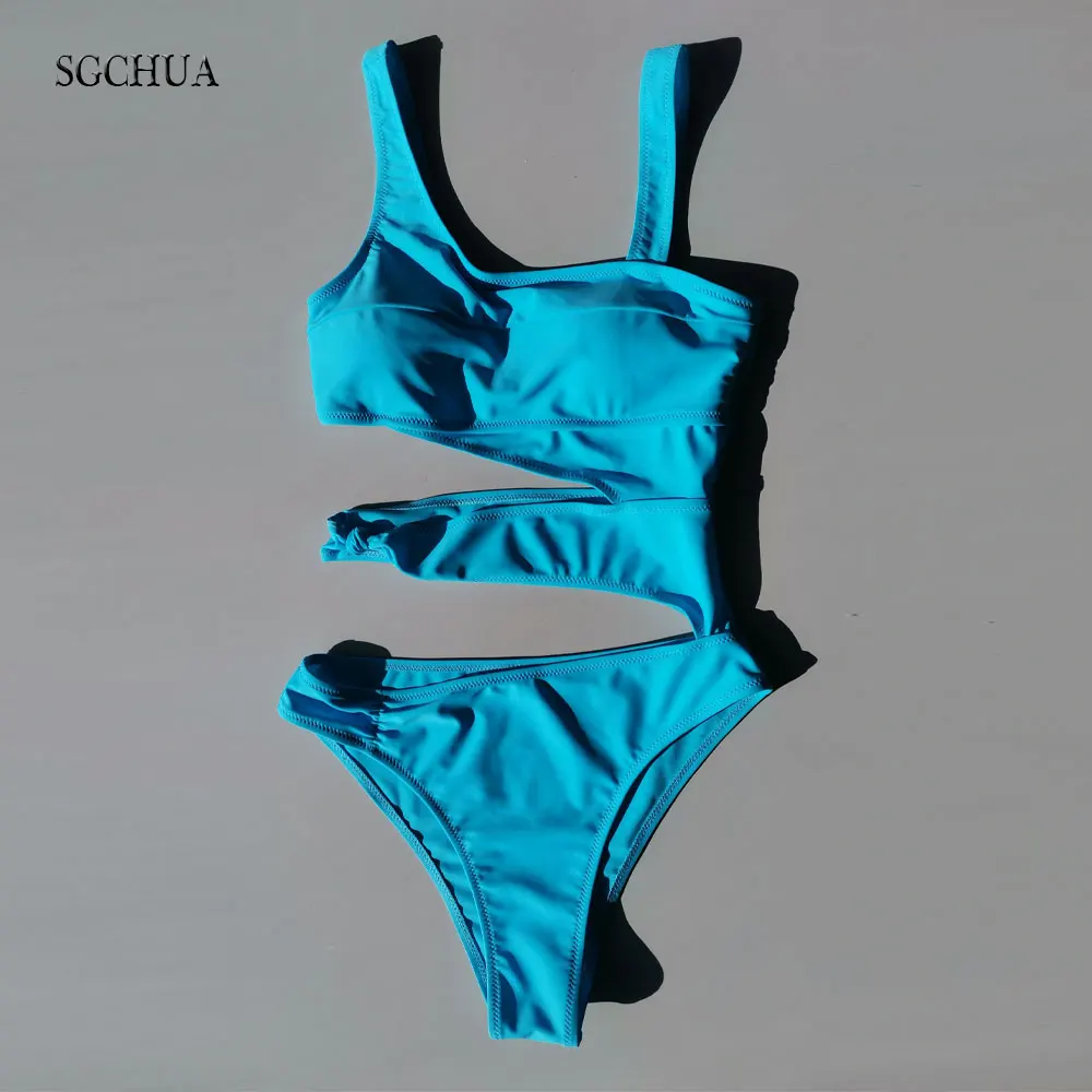 

SGCHUA 2020 New Solid Bandage One Piece Swimsuit Women Cut Out Monokini White Yellow Blue Swimwear Sexy Hollow Out Bathing Suit