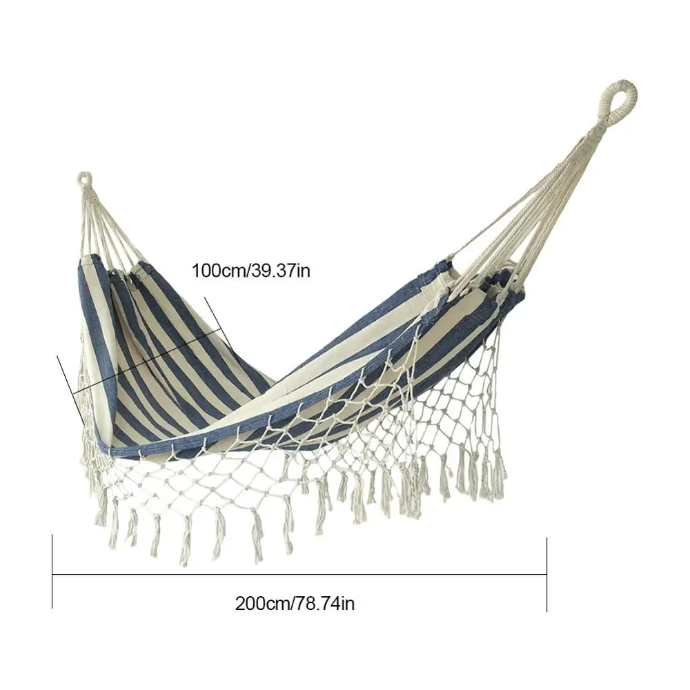 

200*100cm Canvas Tassel Hammock Outdoor Indoor Camping Supplies Portable Foldable Striped Blue and White Striped Hammock