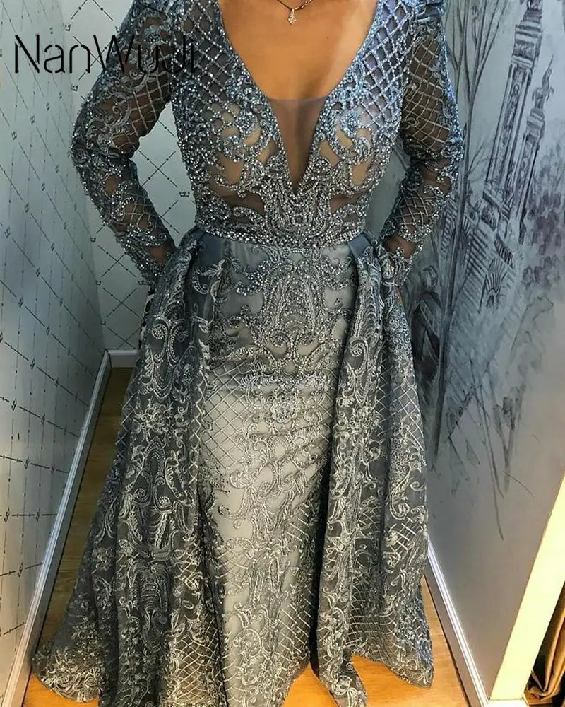 

Blue Dubai V-neck Luxury Sequined Sparkle Evening Dresses 2019 Long Sleeve Beading Evening Gowns Plus Size