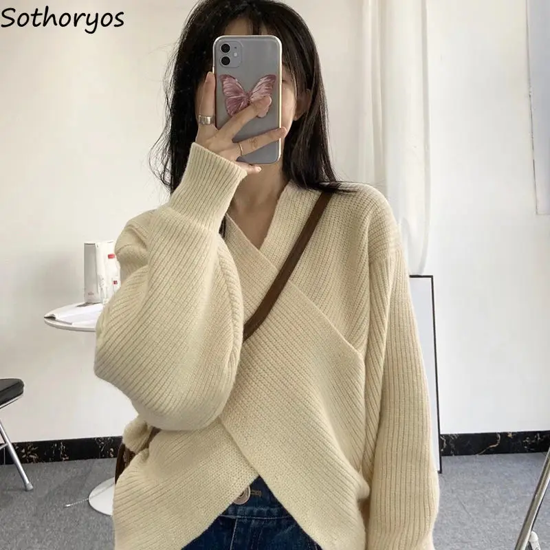 

Pullovers Women Knitted V-neck Long Sleeve Solid Criss-cross Designed Autumn Winter Jumper Warm Soft Fashion Tender Elegant Chic