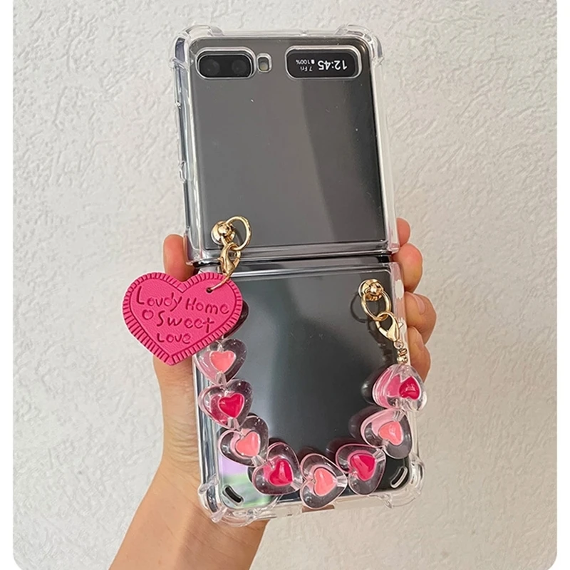

DIY Cute Small Heart Hand Chain Bracelet Case Cover For Samsung Galaxy Z Flip 4G 5G 3 Love Pendant Shockproof Transparent Case