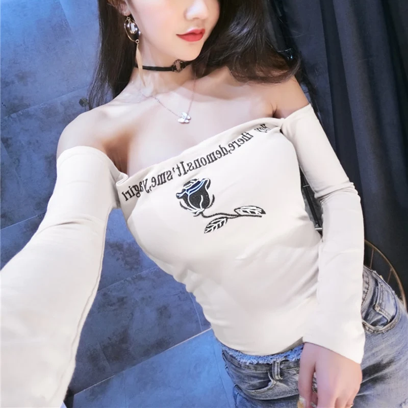Футболки с длинным рукавом модная сексуальная уличная одежда вырезом лодочкой