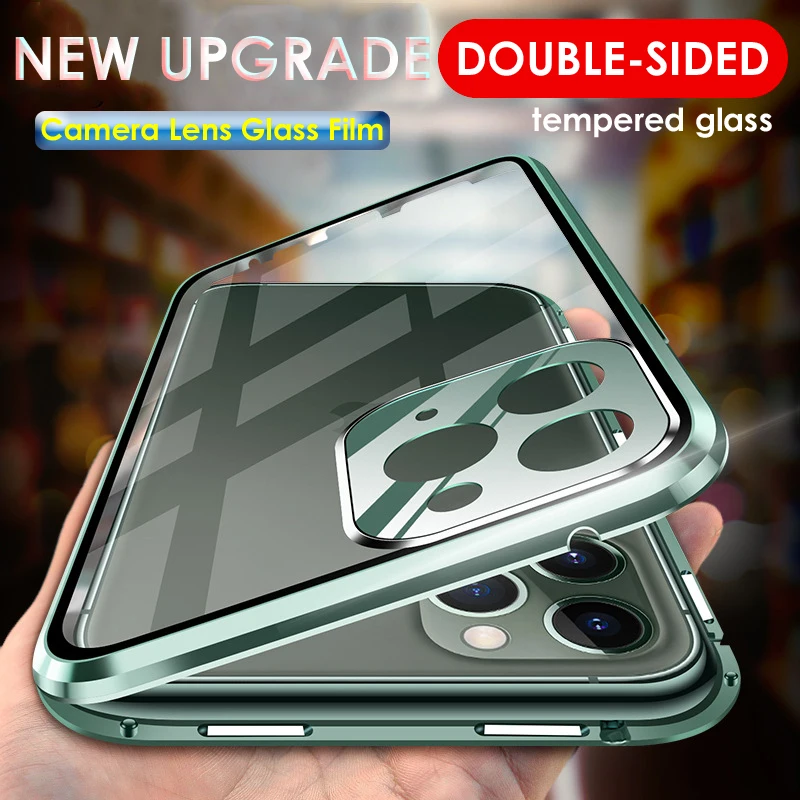 

Металлический магнитный адсорбционный чехол для iPhone 11 12 Pro XS Max X XR SE 2020 7 8 двухсторонний чехол из закаленного стекла для телефона Магнитный ч...