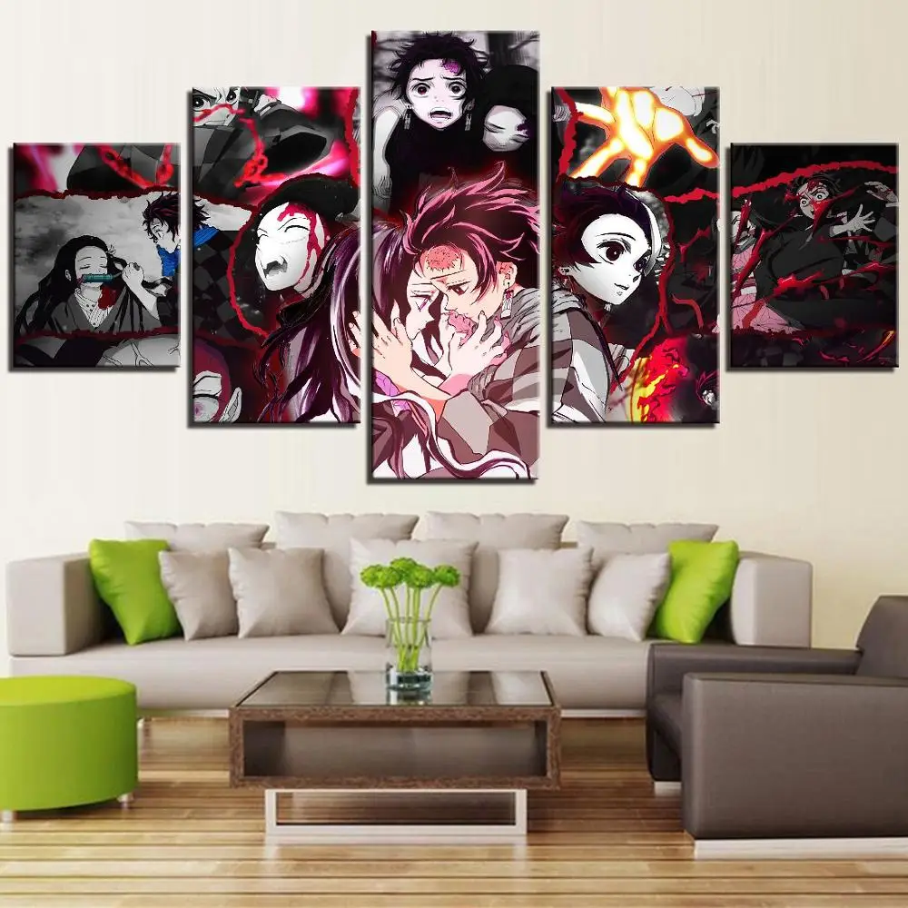 

Home Decor 5 Panel Canvas Wall Art Demon Slayer Kimetsu No Yaiba Painting Pictures Printing Modular Frame Poster For Living Room