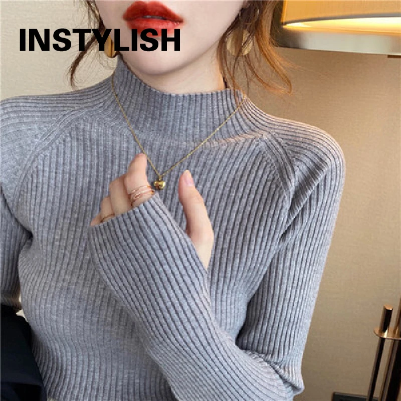 Korean Solid Turtleneck Sweater with Finger Hole Women Autumn Winter Slim Knitting Bottoming Pullover Simple Chic Jumper Top
