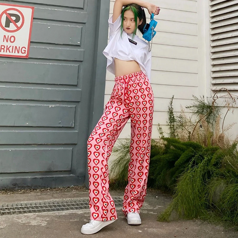 

Missnight Pink Pants Heart Printed Straight Elastic High Waist Pants Drawstring Fashion Pants Streetwear Vintage 2021 Harajuku