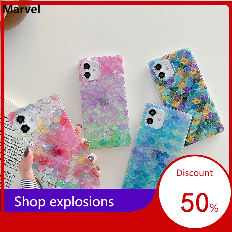 

Fashion Mermaid Fish scales shell Soft silicon phone case for iphone 7 8 Plus X XS XR MAX 11 Pro SE 2 12 MiNi Square color Cover