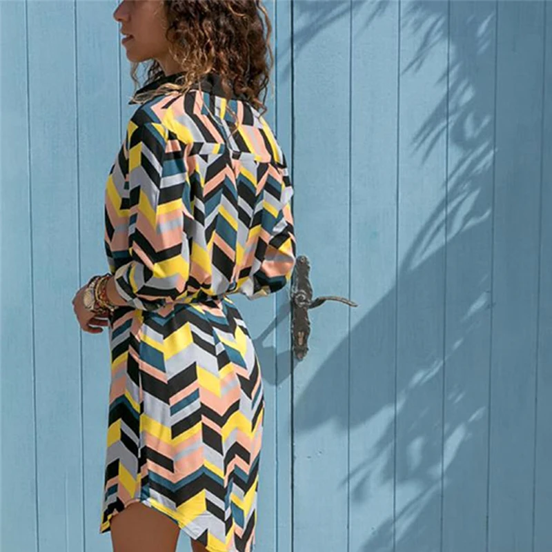 Женское шифоновое платье-рубашка с поясом и длинным рукавом | Женская одежда