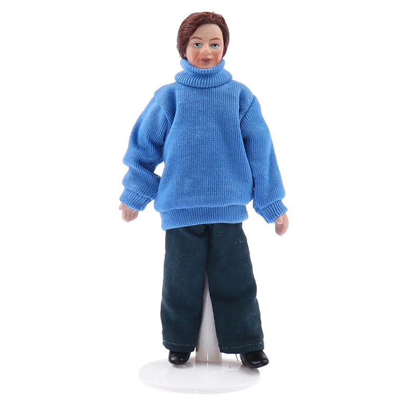 

1:12 Dollhouse Miniature Porcelain Doll Model Blue Sweater Youth Doll House Toy
