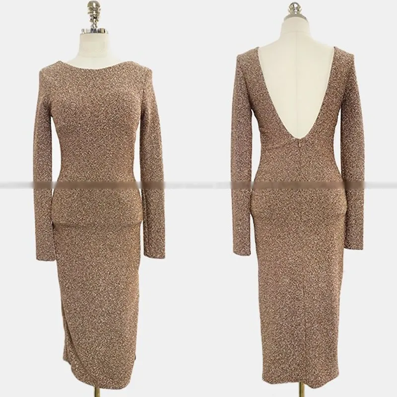

Full Sleeve Backless Gold Solid Knee-Length Split Sexy Club Vestidos Pencil Sheath Slim Party Dresses