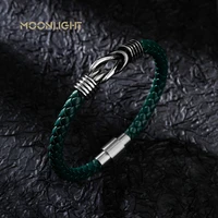 geometric stainless steel mens leather bracelet hand woven magnetic clasp blue black leather bangle 21cm christmas jewelry gift