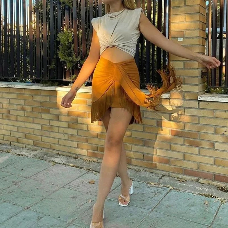 

Женская Асимметричная облегающая мини-юбка-карандаш с высокой талией, кисточками и подолом, оборками и узлом