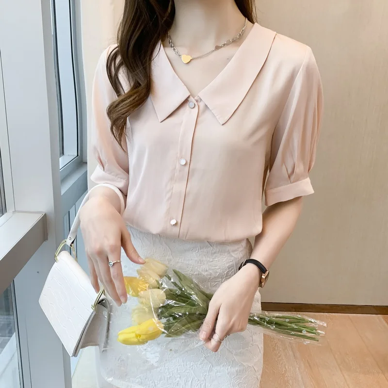 

Summer Women French Office Solid Chiffon Shirts Lady Turn-down Collar Short Sleeve All-match Elegant Workwear Button Top T15916X