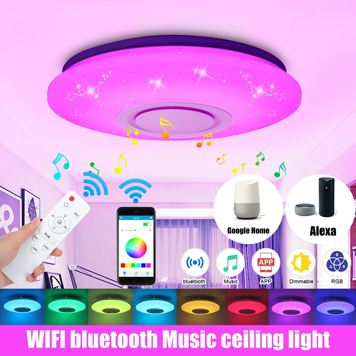 

Светодиодный потолочный светильник, 100 Вт, Wi-Fi, RGB, управление через приложение для телефона, bluetooth, умная музыкальная лампа с регулируемой яр...