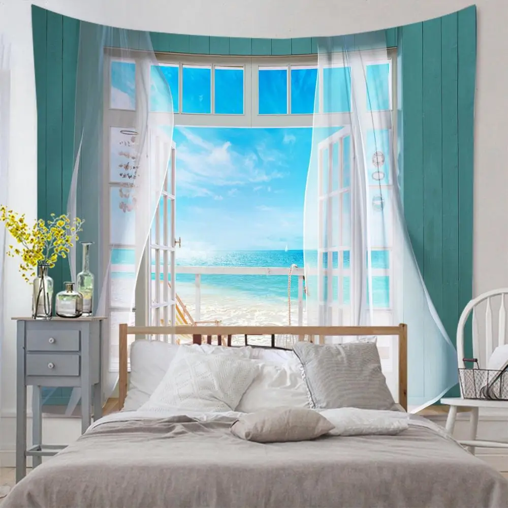 

Imitation Window Big Tapestry Wall Hanging Tropical Tree Tapestries Art Home Decoration Sea Sunrise Home Dorm