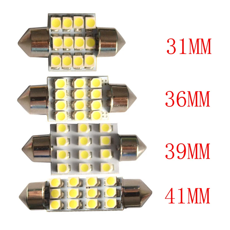 

50Pcs LED Bulbs 31MM 36MM 39MM 41MM Festoon White Interior Car Lights 12SMD 3528 Chips For Auto Dome Reading Light 12V