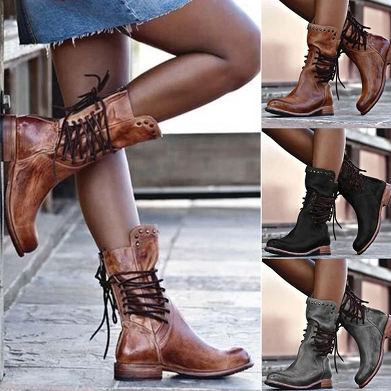 

Women Leather Mid Calf Boots Retro Punk Lace-Up Low Heels Autumn Winter Motorcycle Boots Vintage Round Toe Cowboy Western Boots