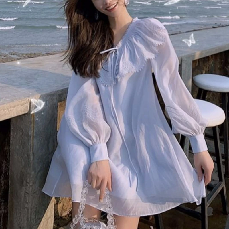 

Blue Ruffle Elegant Princess Dress Women Sexy V-neck Korean Vintage Fairy Dress Sweet Beach Evening Party Dresses for Women 2021