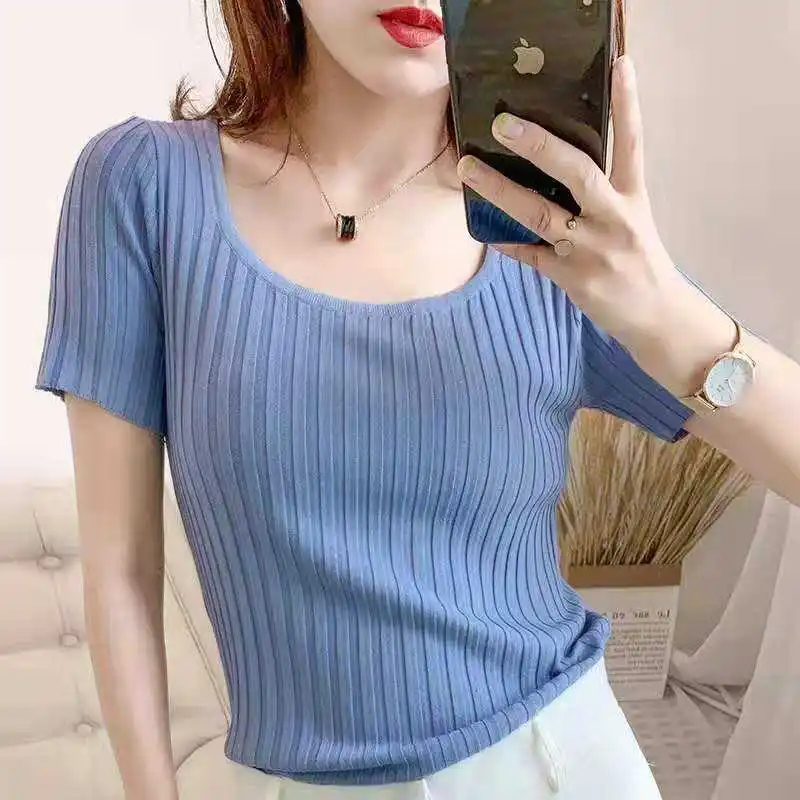 HELIAR/женские футболки с квадратным вырезом Однотонные коротким рукавом Хлопковые