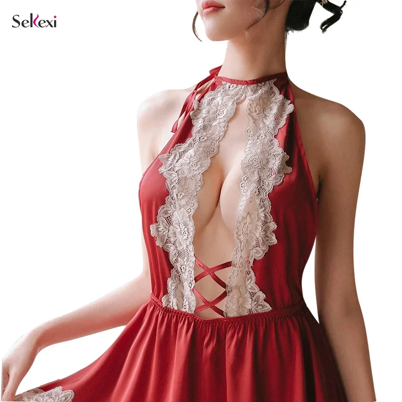 Ladies Transparent Lace Lingerie Temptation Halter Skirt Women Hot Erotic Sleepwear Nightgown Babydoll Sexy Underwear Nightdress |