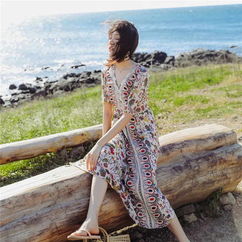 

Summer Beach Holiday Luxury Women Long Dress Flowers Embroidery V-neck Dress Fashion Half Sleeve Vintage Dresses Ladie Vestidos