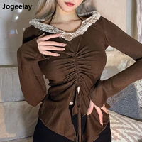 womens brown long sleeve plush v neck y2k top with waist shirring corset goth irregular tshirt