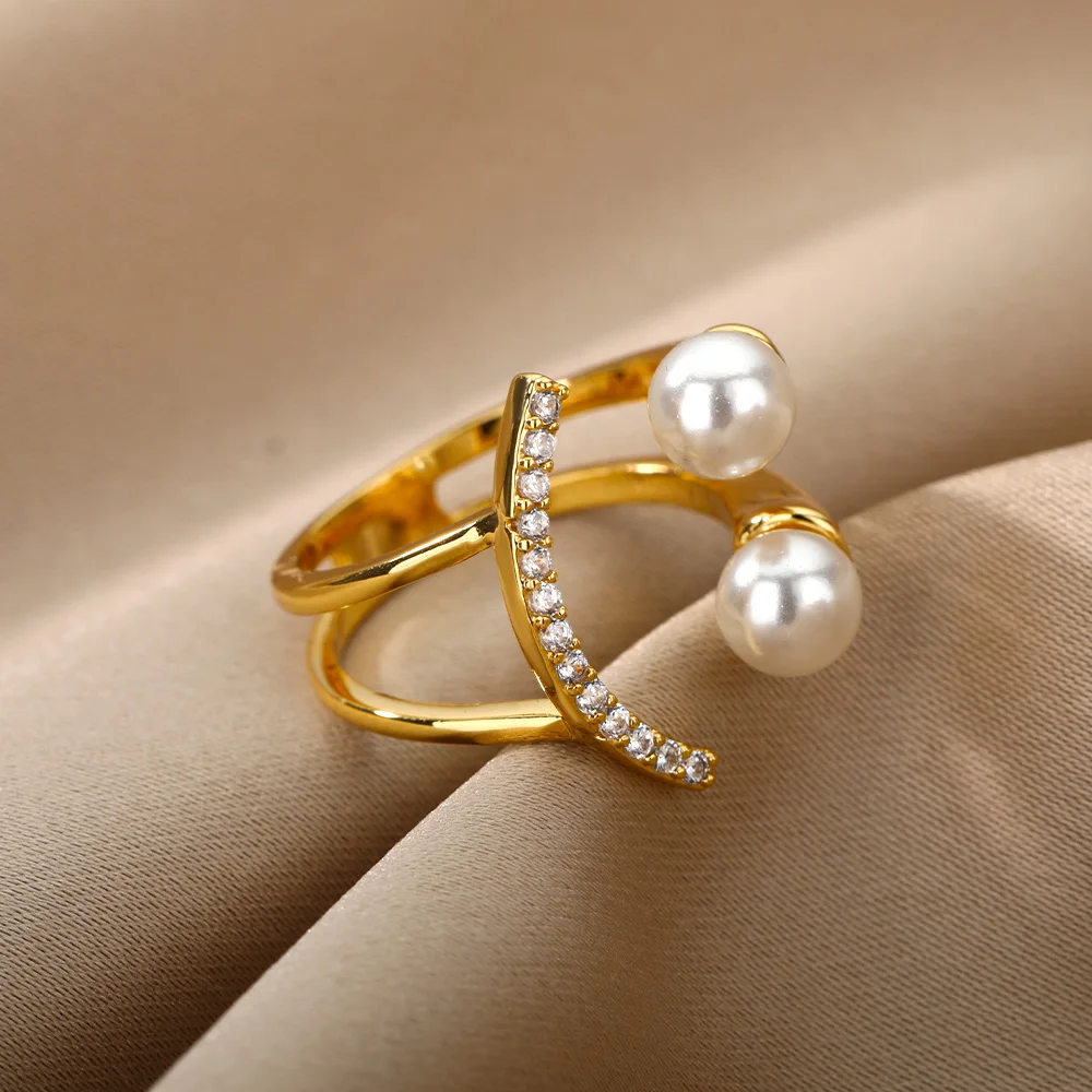 

Pearl Zircon Gold Open Rings For Woman 2021 New Fashion Korean Jewelry Luxury Party Adjustable Unusual Girl's Ring Bijoux Femme