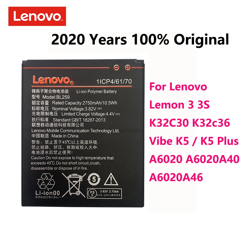 

100% Original BL259 BL-259 2750mAh Phone Battery For Lenovo Lemon 3 3S Vibe K5 / K5 Plus / A6020a40 A6020 a40 A6020a46 Bateria