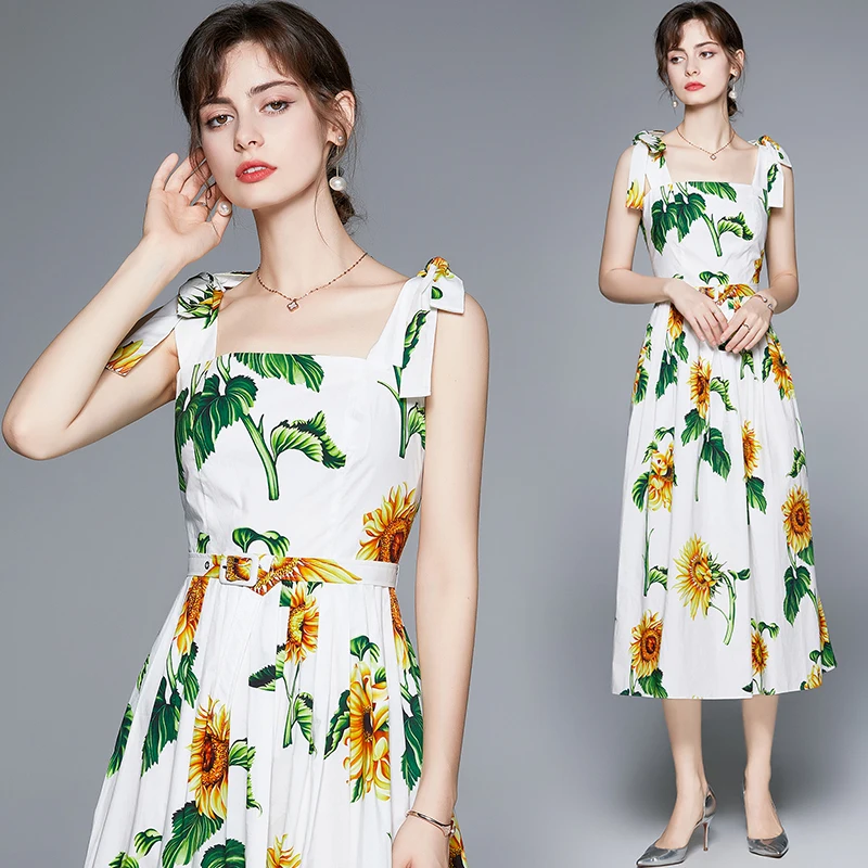 

Simgent Summer Beach Dress Womens Sleeveless Backless Suspenders A Line Print Midi Long Dresses Robe Femme Jurken SG15143