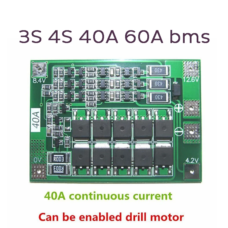 Защитная плата 3S/4S 40A/60A 18650 BMS для зарядки литий-ионных батарей двигателя