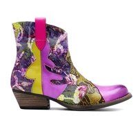 genuine leather women boots vintage bohemian ankle boots women shoes printing flower zipper low square heel ladies shoes woman
