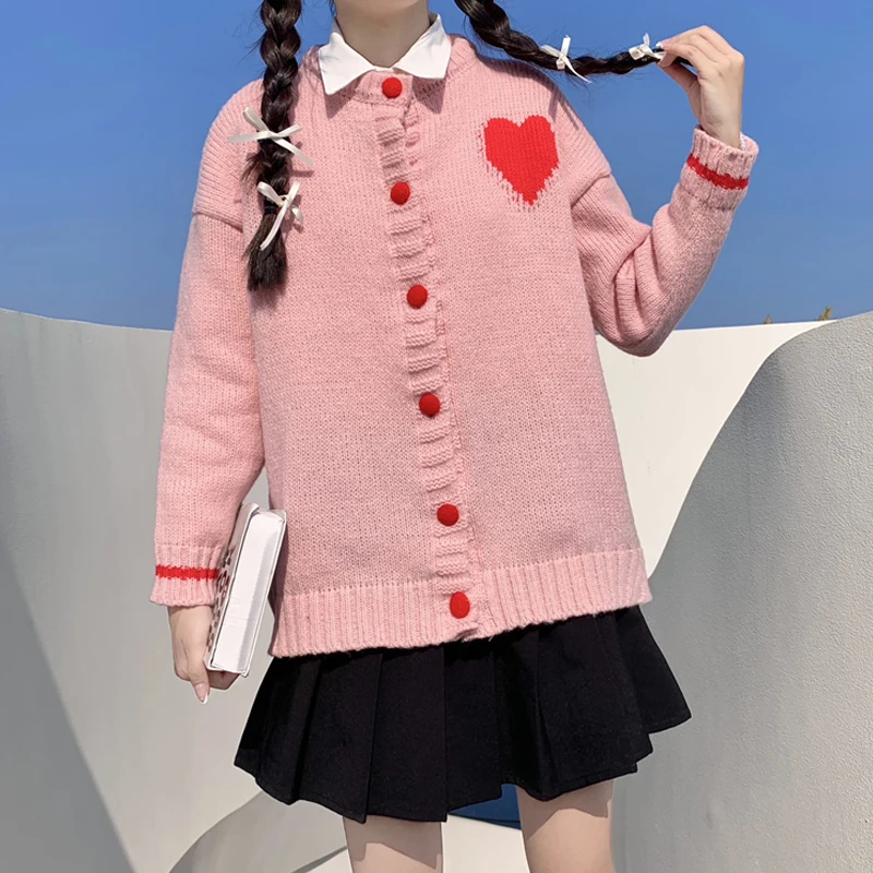 

Winter Coats One-Piece Women Knit Japanese Preppy Style Soft Girl Cute Sweater Kawaii Sweet Retro Long Sleeve Knitting Cardigan