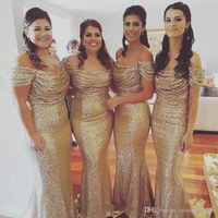 gold sexy off shoulder sequin mermaid long bridesmaid dresses ruffles evening dresses wedding guest bridesmaid gowns plus size