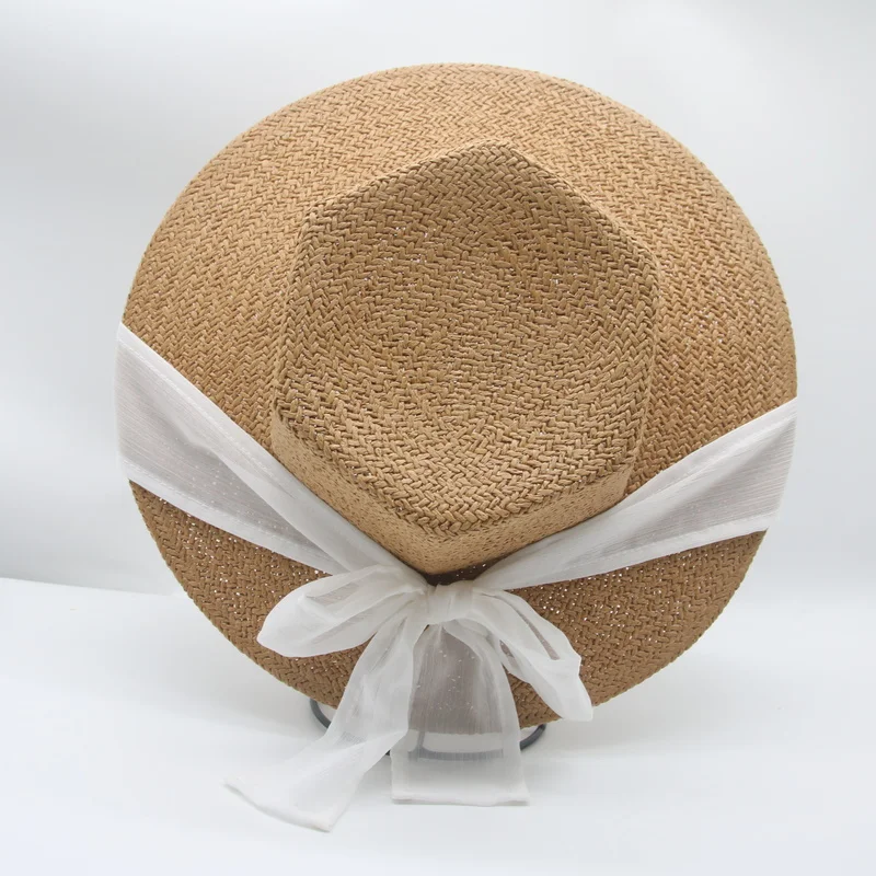 

summer hats women big brim solid flat top ribbon band women sun hats handmade straw bowknot sun protection women straw sun hats