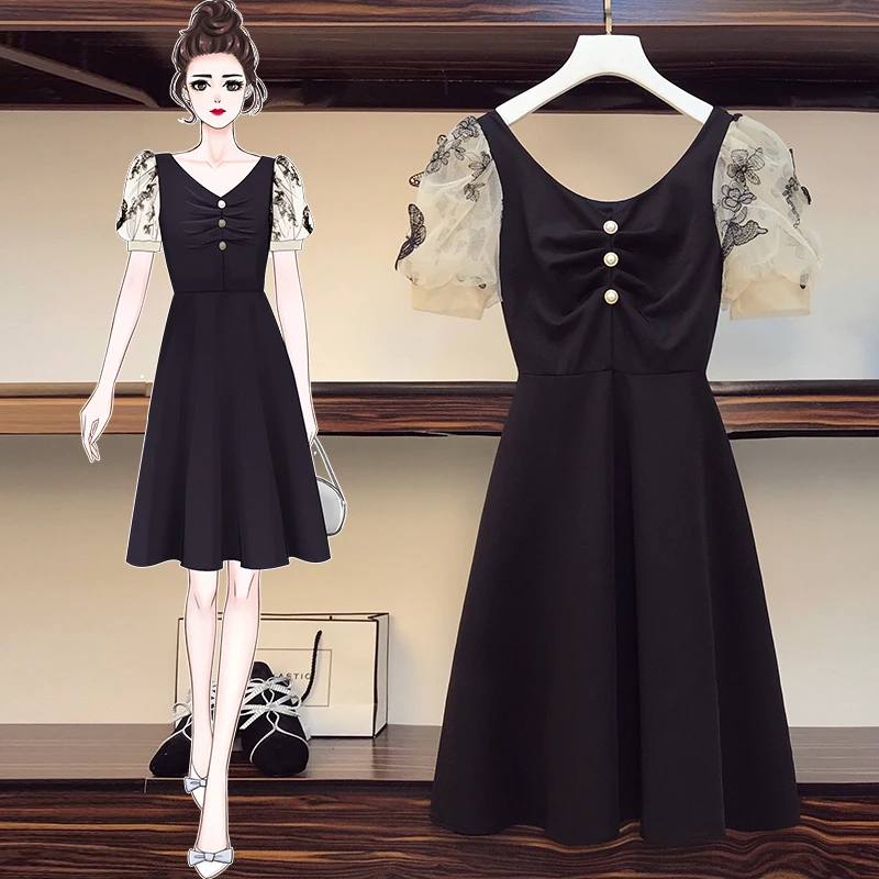 

Черный с короткими рукавами мини размера плюс 5Xl большие в винтажном стиле; Повседневная одежда; Сезон весна-лето; Одежда платье для женщин а...