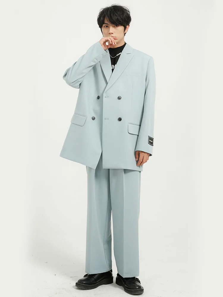 

Men Double Breasted Solid Color Loose Casual Suit Blazer Jacket Youthful Fashion Japan Korea Streetwear Hip Hop Suit Coat Male