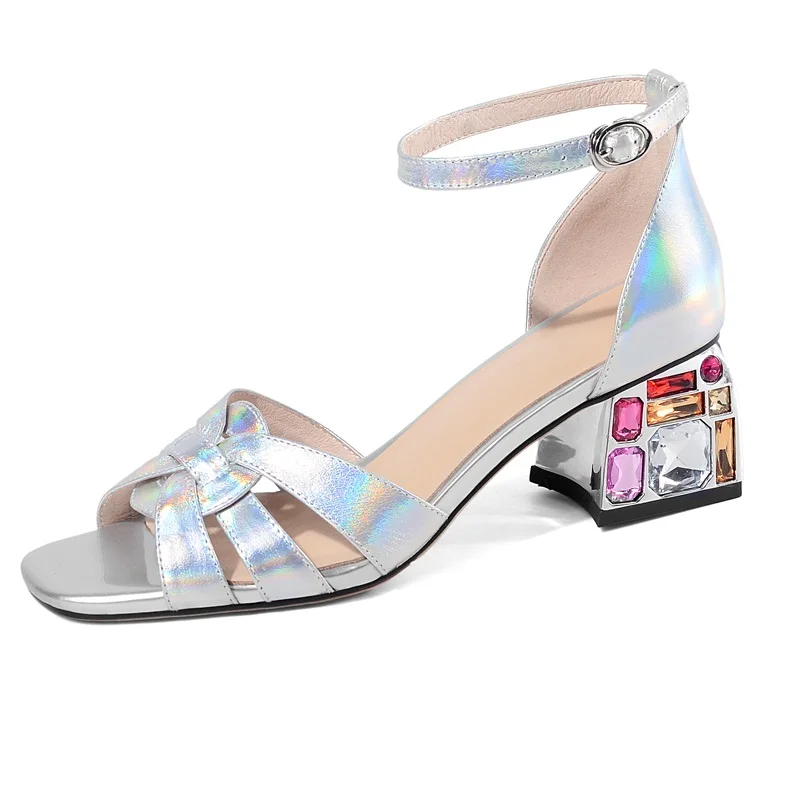 

Fashion Summer Sandals For Women 2021 New Brand Genuine Leather Crystal High Heels Black Silver Dress Party Wedding Shoes Woman