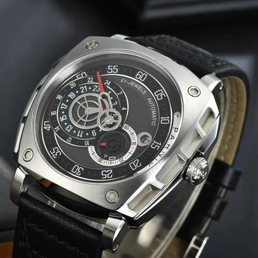 

Parnis 47.5mm Men's Automatic Watch Japan Miyota 8217 Black Dial Leather Band Date Screw In Crown Square New Arrival