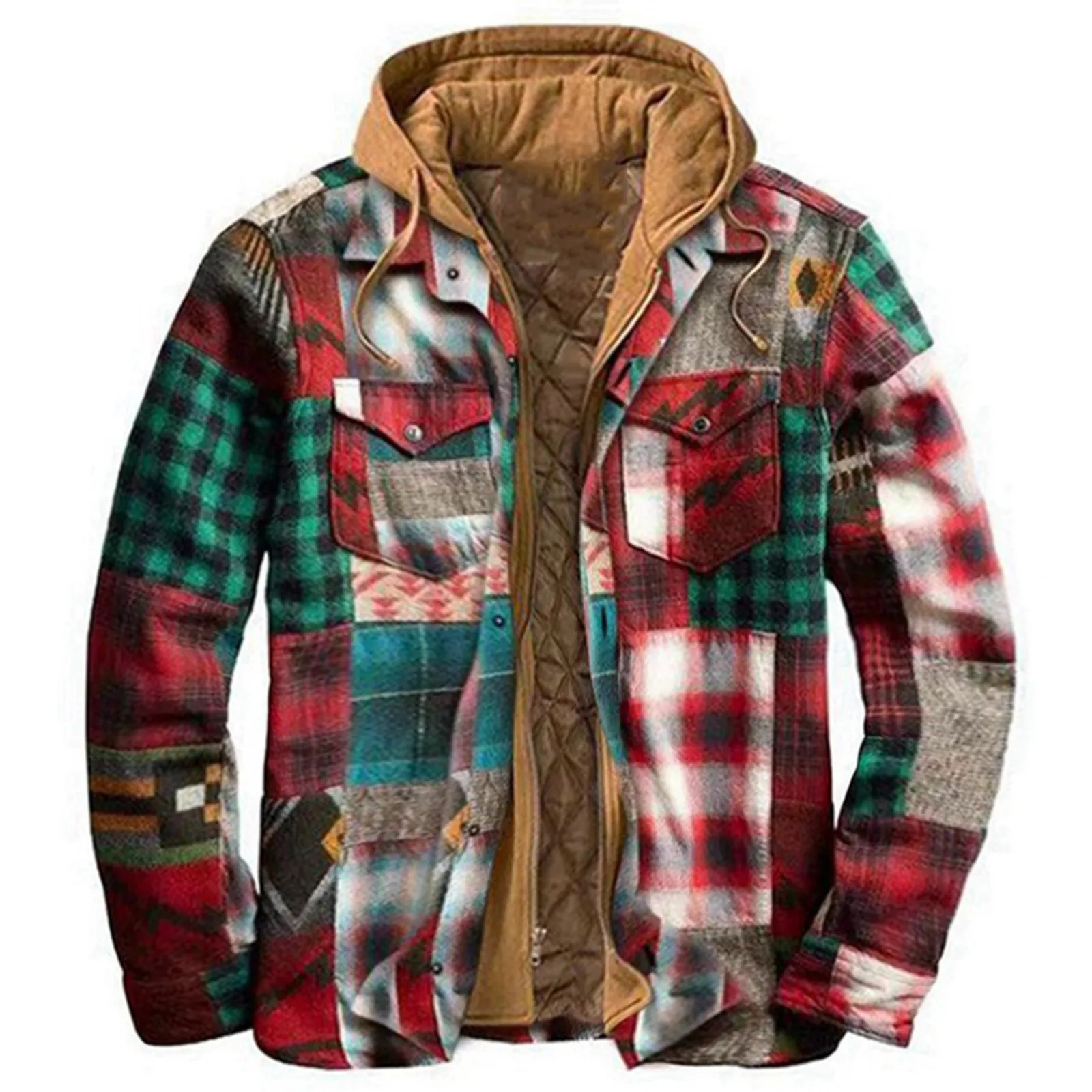 

2021 Casual Men's Fake Two Jacket Fashion Retro Vintage Plaid Hat Streetwear Coats Hommes Hooded Blouse Large Size Cotton Tops