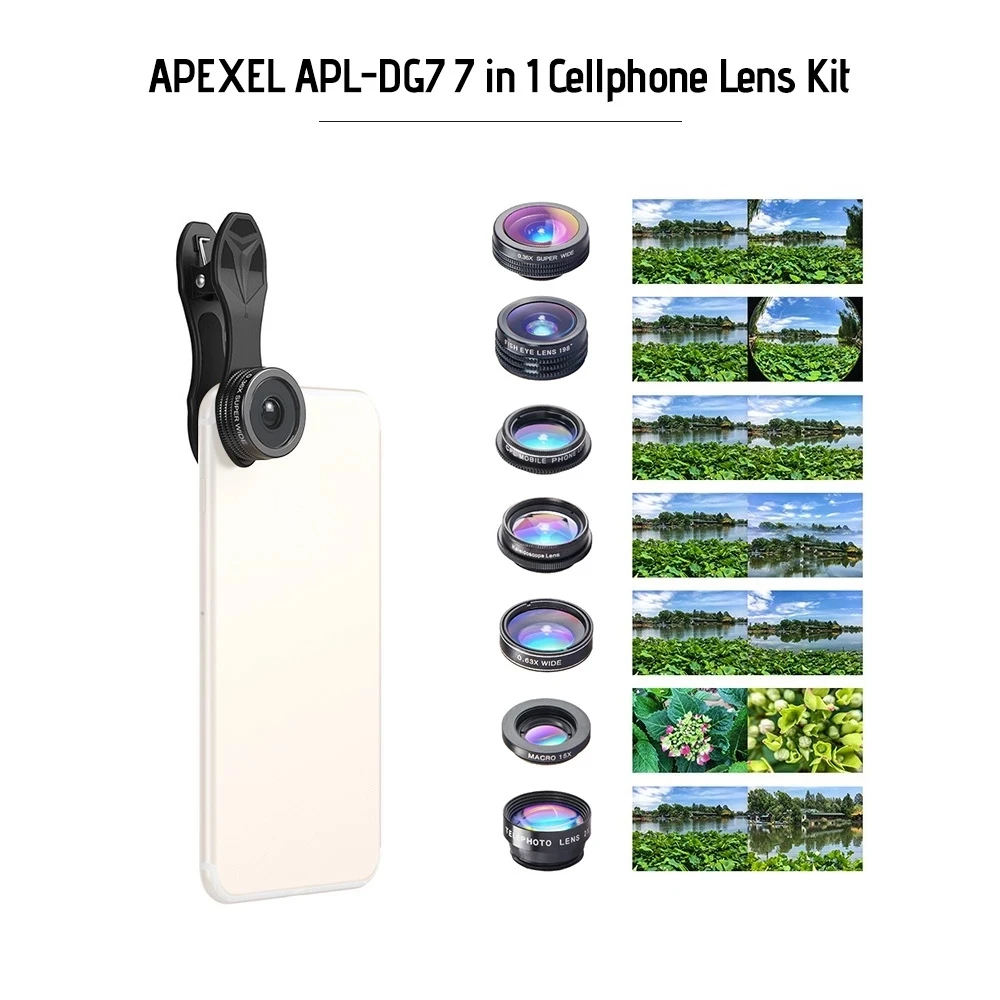 

APEXEL Cellphone Lens Kit 0.36X Wide Angle Macro Lens APL-DG7 7 in 1 198 Fisheye Lens 15X Marco Lens for Huawei Xiaomi Phone