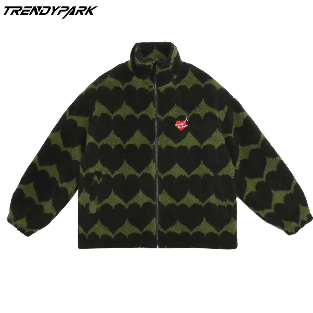 

Men's Jacket Cashmere Checks Hearts Print Winter Thick Fabric Harajuku Hip Hop Streetwear Casual Oversized Varsity Coat