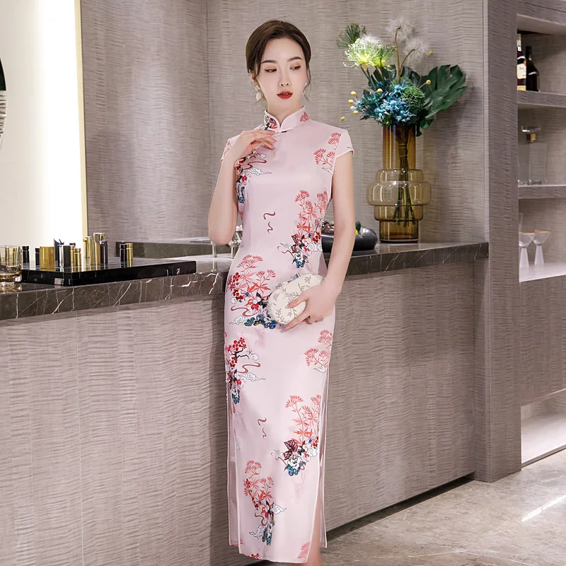 Spring 2020 Silk Imitation Show Cheongsam Long Style Double Layer Improved Qipao Daily Temperament Fashion Evening Dress | Тематическая