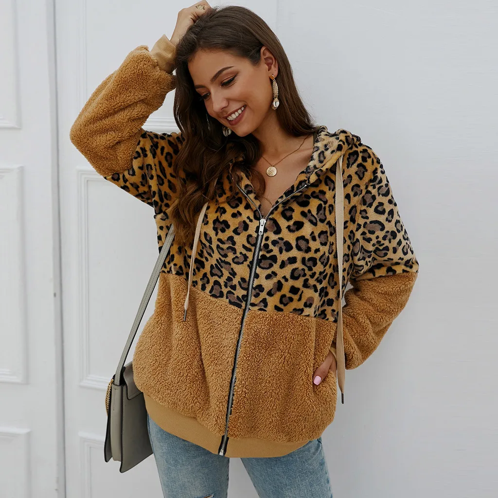 

Autumn Winter Women Leopard Print Patchwork Fleece Long Sleeves Cardigan Zipper Sweater Coat Female Tops