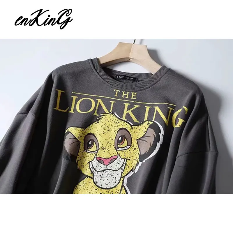 Black Pink Cartoon Lion King Print Women Hoodie Long Sleeve O Neck Ladies Za Sweatshirt Casual Womens Hoodies Pullover