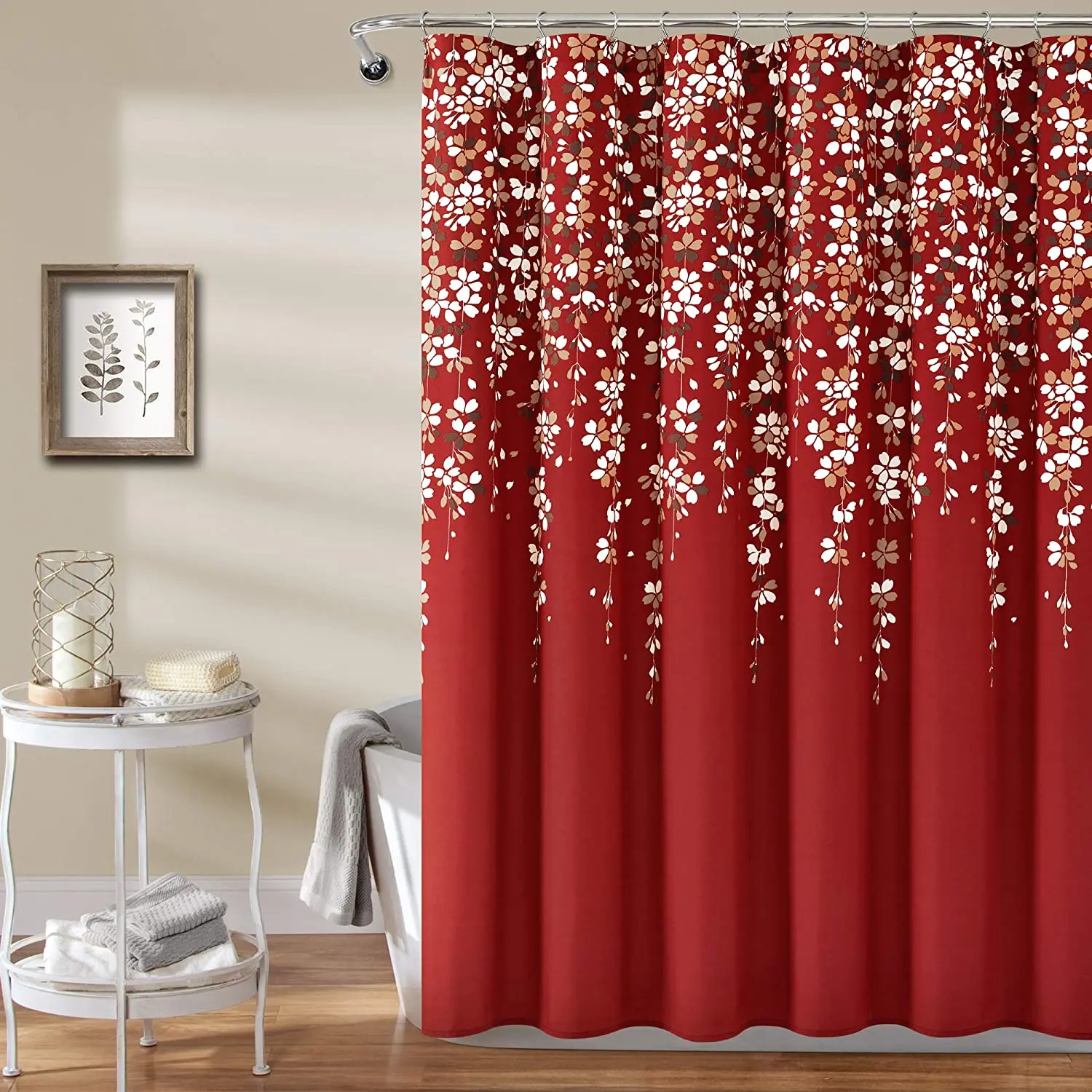 

Weeping Flower Shower Curtain Set Fabric Flowers Vine Printing Design Red Home Bathroom Decor Hanging Curtains Bathtub Screens
