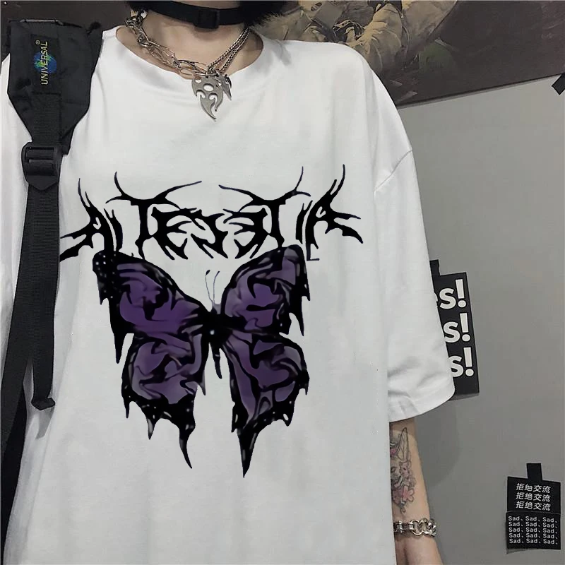 Футболка в стиле панк Безразмерные бабочки Harajuku темно Топы мужской моды Swag