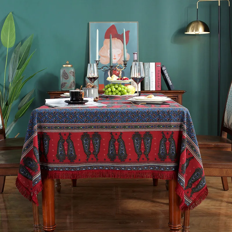 

Bohemian Cotton Linen Printed Table Cloth Rectangular Coffee Table for Living Room Red Tassel Tablecloth Elegant Table Cover