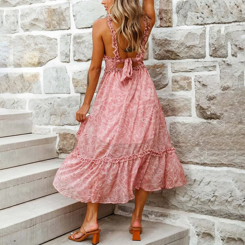 

Women Casual Vintage Print Chiffon Dress Lady Elegant Ruffle Sling Loose Beach Dress Summer Sexy Tie-up V Neck Party Long Dress