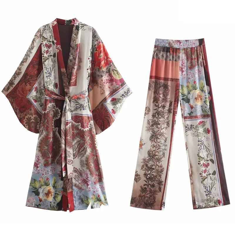 

TRAF Za Patchwork Long Woman Kimono Vintage Print Belt Long Sleeve Blouse Women Kimonos Summer 2021 Japanese Beach Kimono Top
