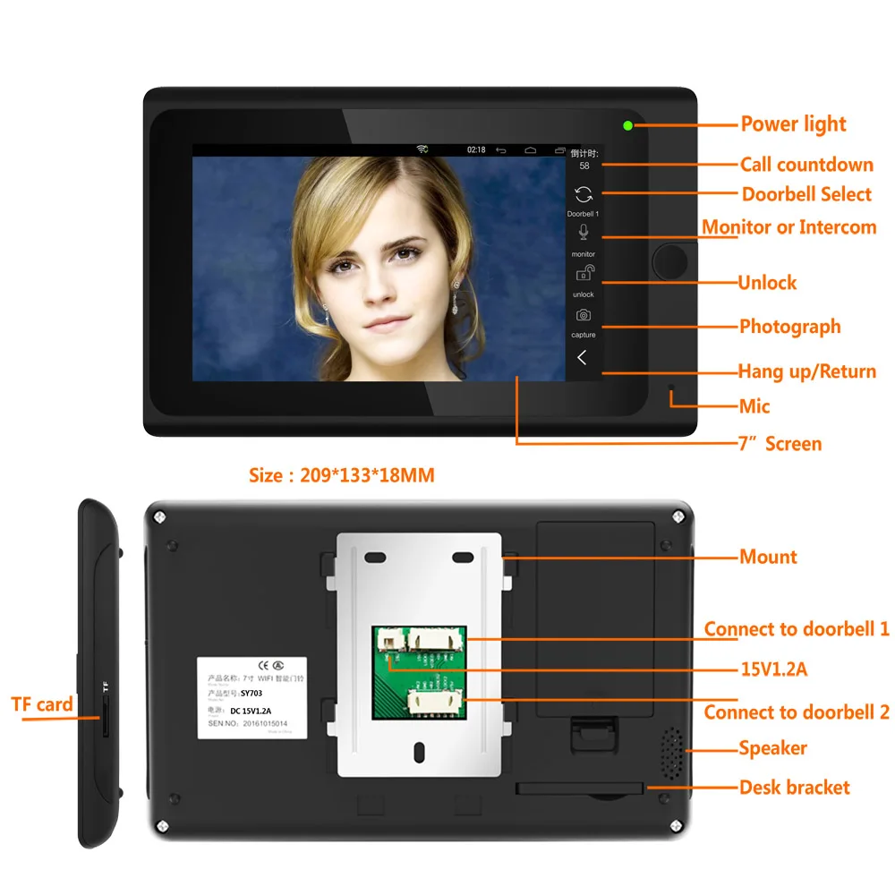 

7 inch Wifi Wireless Fingerprint IC Card Video Door Phone Doorbell Intercom System with Wired HD 1080P camera